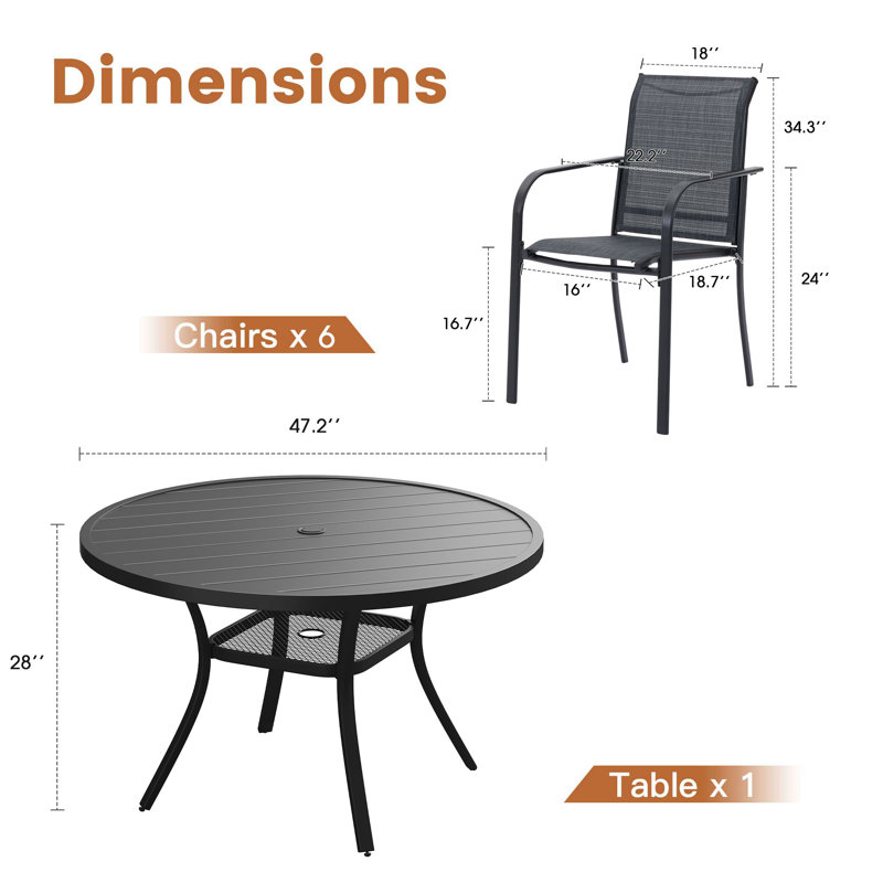 Ensemble repas pour 6 personnes avec table ronde et 6 chaises empilables, Gris / Noir