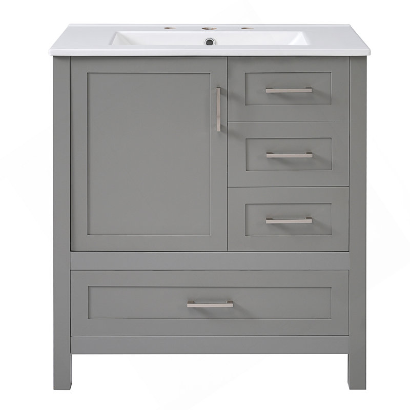Meuble-lavabo de 30 po avec lavabo, tiroirs à fermeture en douceur, plateau amovible et structure en bois massif pour un rangement efficace