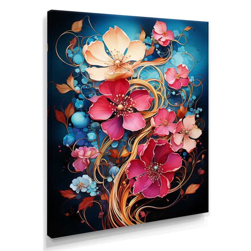 Vibrant fuchsia marguerite sur bleu profond - salon d'art mural marguerite, H 44 po x l 34 po x P 1,5 po, Toile tendue