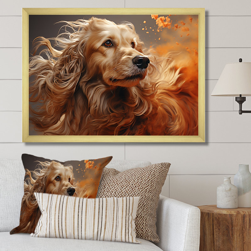 Chien, chien afghan, air sur toile, Cadre doré simple, H 24 po x l 32 po x P 1 po