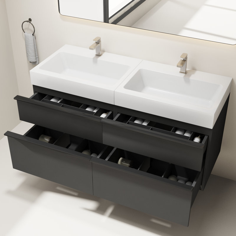 Ensemble de meuble-lavabo double mural 48 po avec lavabos, lavabos intégrés en acrylique et 4 tiroirs à fermeture en douceur, armoire de rangement à finition mate douce, noir