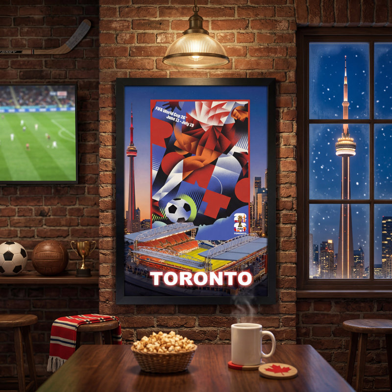 Affiche de la ville hôte de la Coupe du Monde de la Fifa 2026 de Toronto - ville hôte canadienne - cadre en forme de boîte-cadre - verre véritable - 19,5 x 28