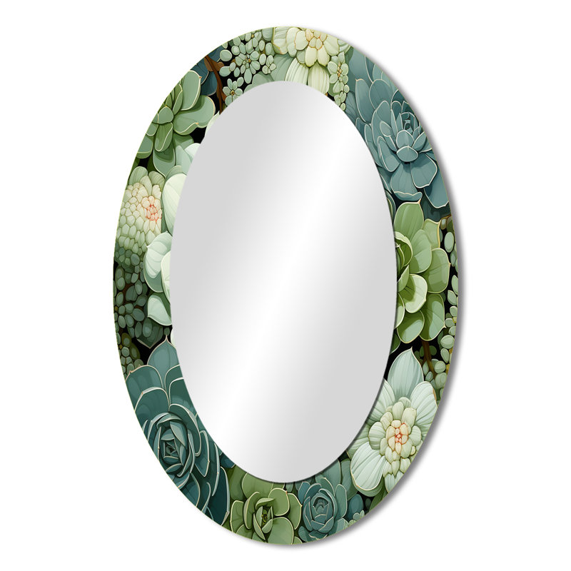Green Succulents Flowers Serene Succulents IV - Succulent Decorative Mirror, Traditional Wall Mirror, Printed Metal Art, Oval