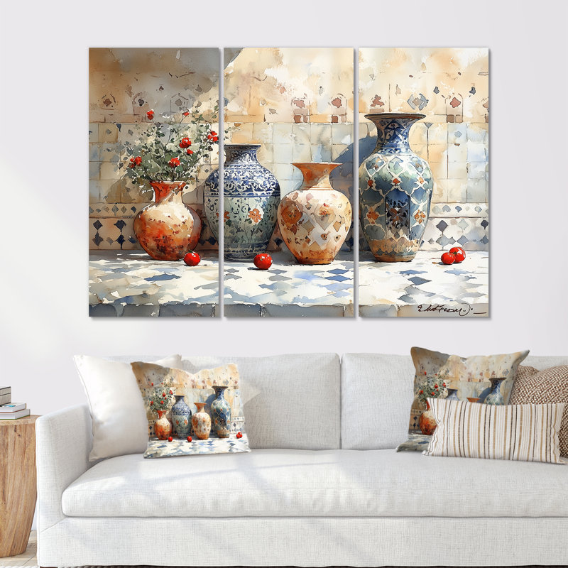 «Blue Stately Vases III - Morocco Pottery», ensemble d'art mural, Métal métal, H 32 po x l 48 po x P 1 po