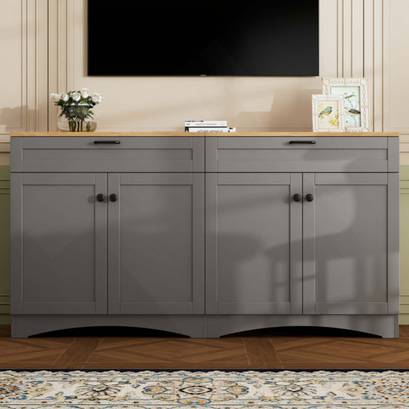 Farmhouse TV Stand With 2 Drawers For Tvs Up To 70", Versatile Wood Grain Sideboard With Adjustable Shelves, Mid-Century Buffet Cabinet With Rustic Handles For Living Room/Bedroom