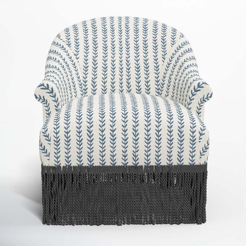 Callie Cotton Upholstered Barrel Chair with Recessed Rolled Arms and Solid Wood Legs, Black, Vine Stripe Dusty Blue