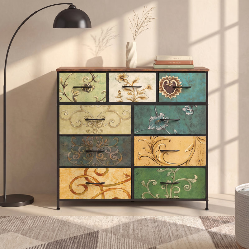 Commode 9 tiroirs avec plateau en bois Reinardo, Floral