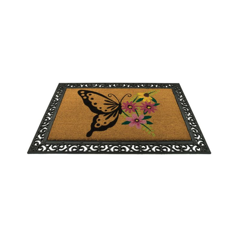 Paillasson d'extérieur antidérapant en fibre de coco naturelle avec bordure décorative et surface en fibre texturée résistante aux intempéries