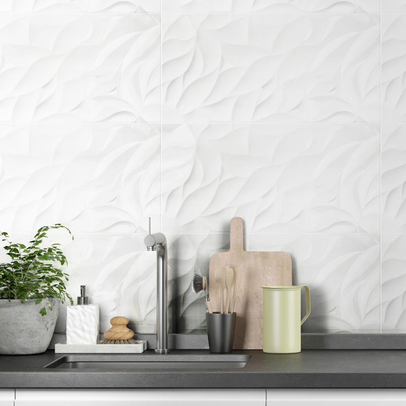 Silom White Leaf 12" x 24" Matte 3D Textured Wall Tile