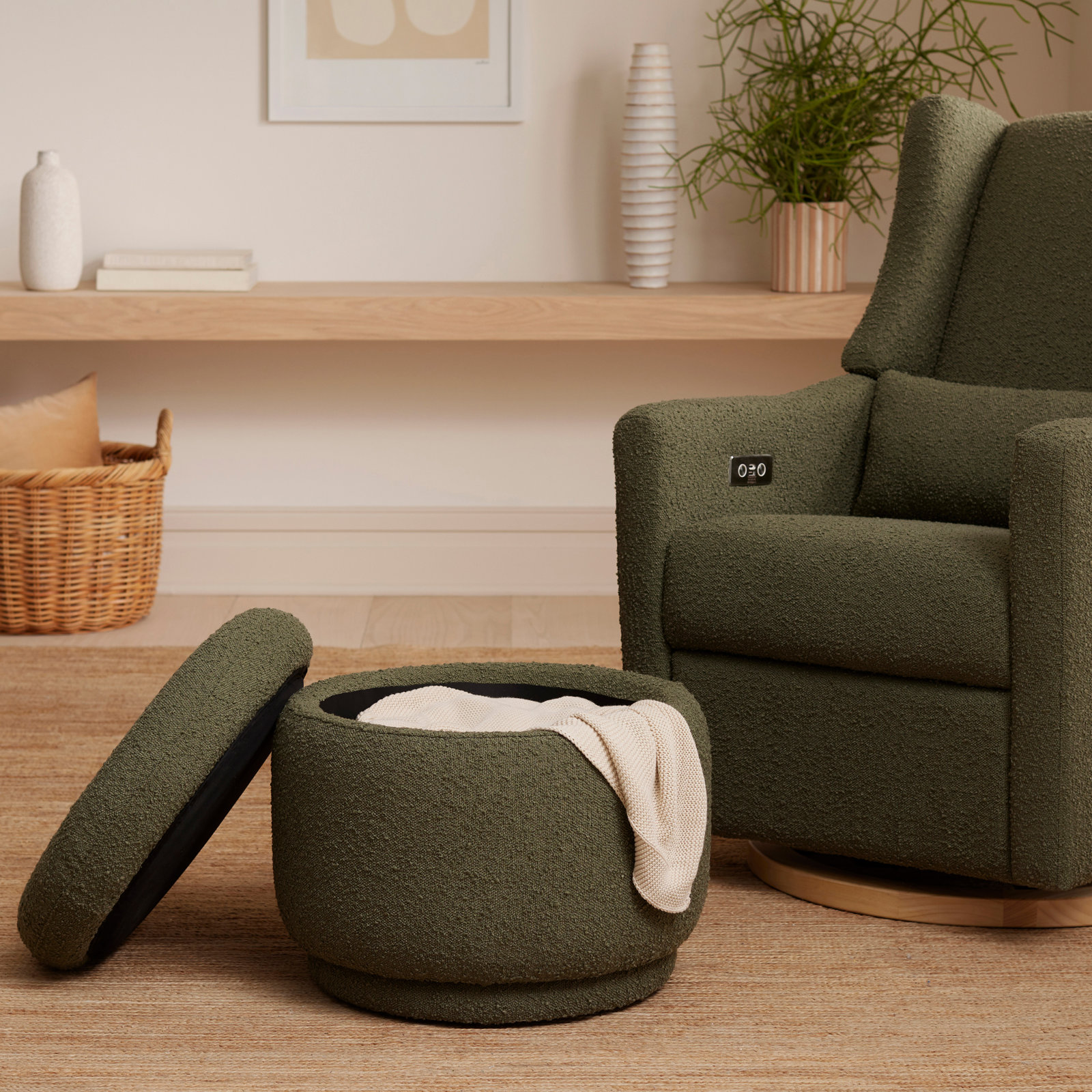 21" Storage Ottoman, Olive Boucle