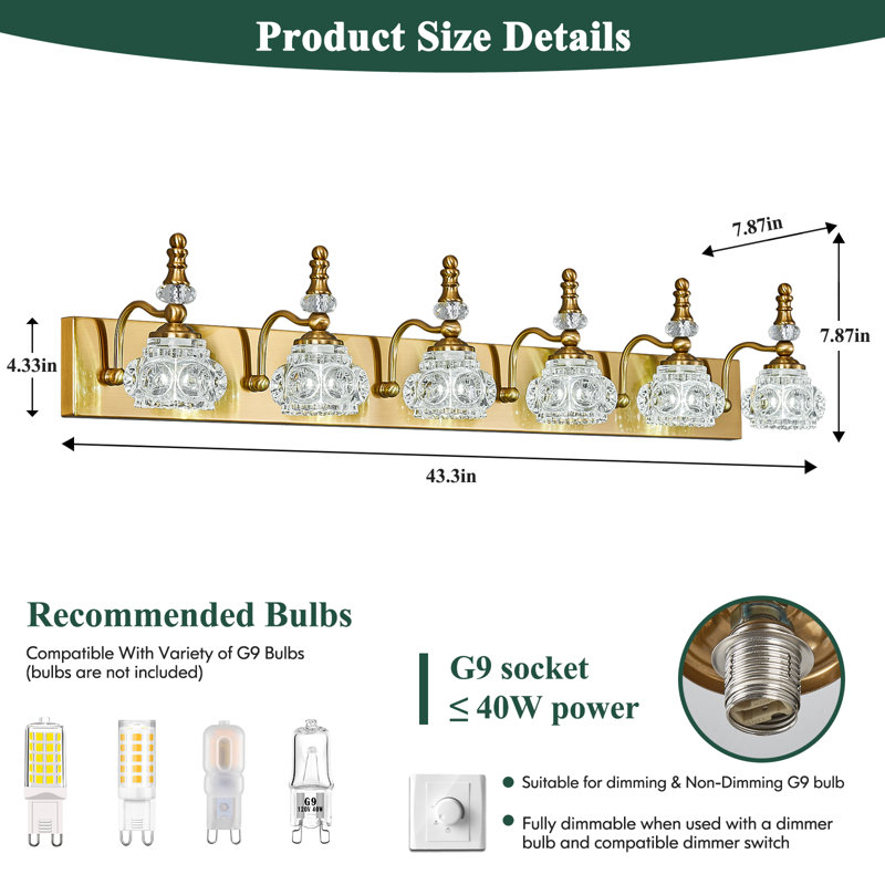 Modern Vintage Glass Vanity Light Bathroom Over Mirror Lighting Fixtures Glass Shade Wall Sconces, 6 Lights, Gold