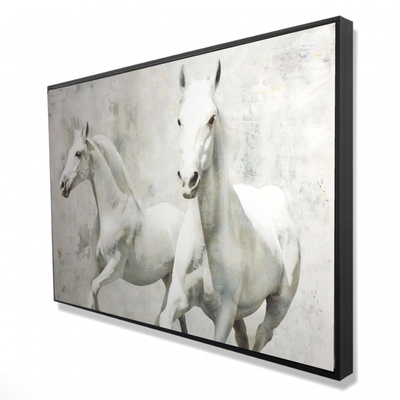 Deux chevaux blancs qui courent sur toile, H 24 po x l 36 po