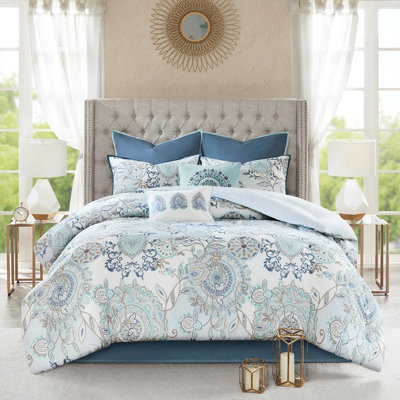 Édredon réversible en coton 8 pièces pour grand lit - motif floral, broderie, chic décontracté, coussins décoratifs, rembourrage