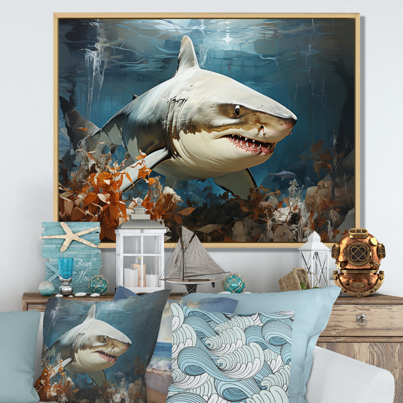 " Minimalism Shark Hunting ", 16" H x 32" W x 1" D, Natural Floater Framed