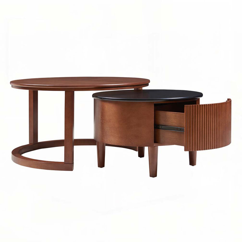 Table basse ronde gigogne cannelée avec tiroir