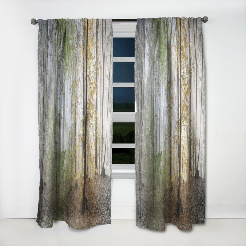 Forest Velvet Curtain Panel, Morning Nature Room Darkening Decor - Morning Forest Panoramic View, 52"W x 90"L