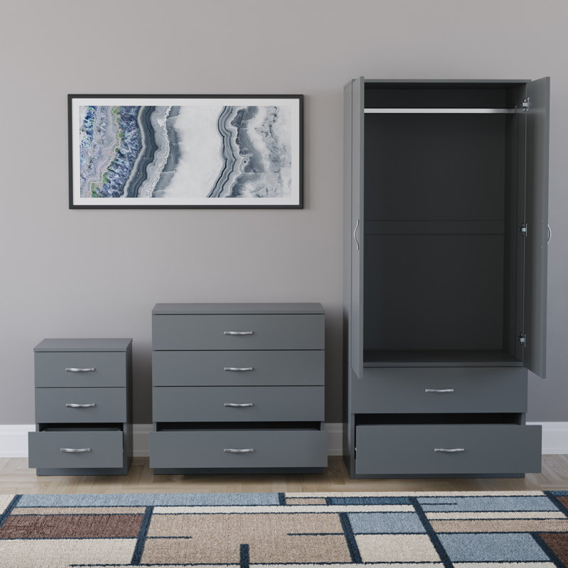 Maybery 3 Piece Bedroom Set (3 Drawer Bedside Chest, 4 Drawer Chest, 2 Door 2 Drawer Wardrobe), (4), Grey