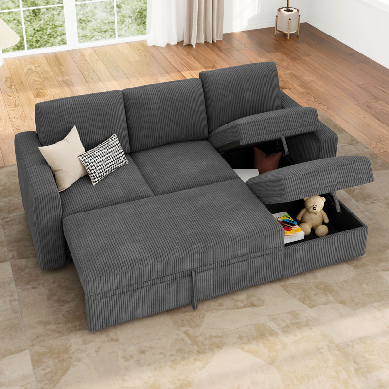 Anureet L-Shaped Sectional Modular Sofa Bed With Storage Seat, Gray Corduroy