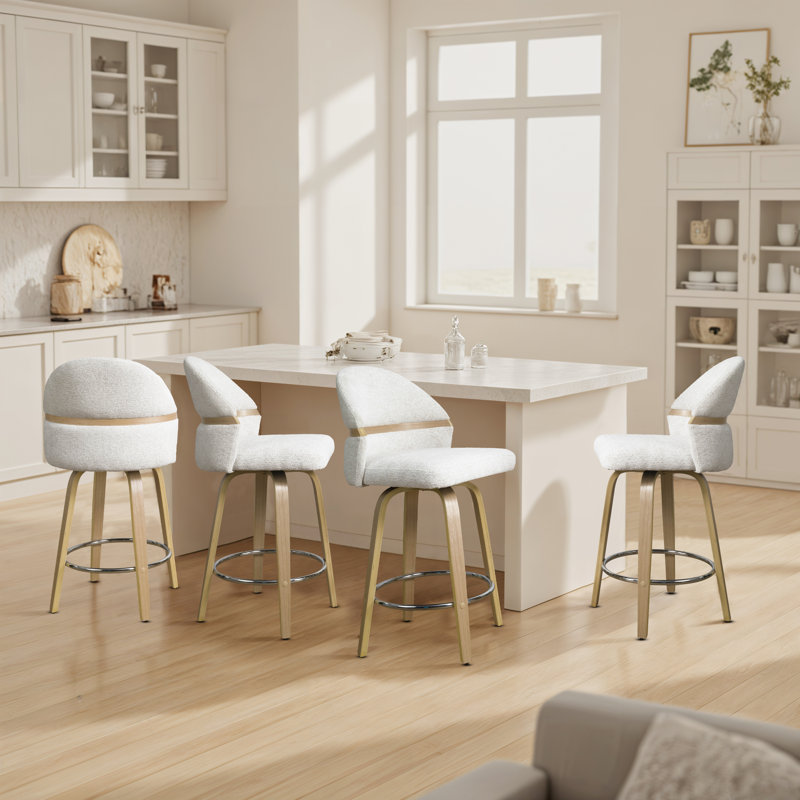26'' Swivel Upholstered Counter & Bar Stool, White Seat/Natural Frame