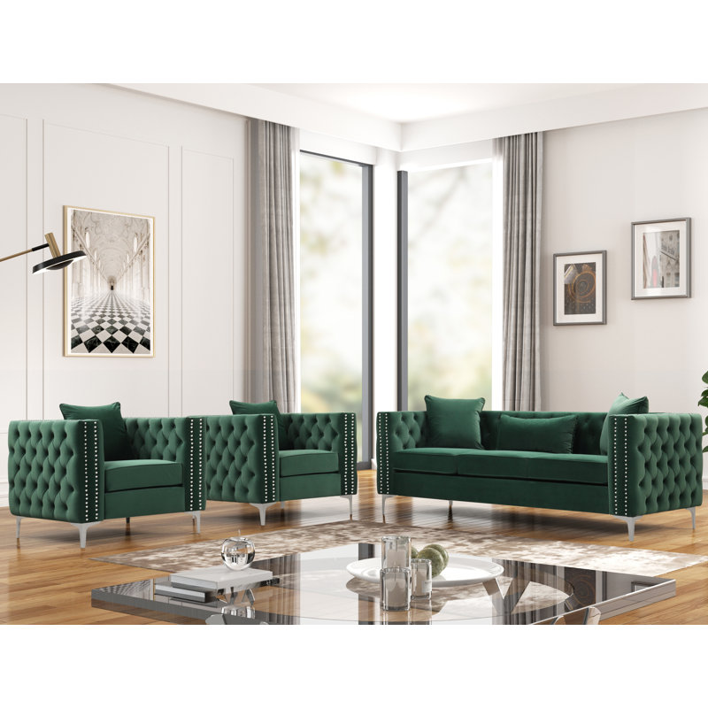 Ensemble de salon en velours 3 pièces Gesuino, Vert foncé