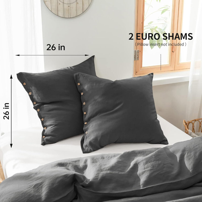 100% Washed Linen Euro Sham Cover, 26 X 26 Inch-Set Of 2, Charcoal Gray