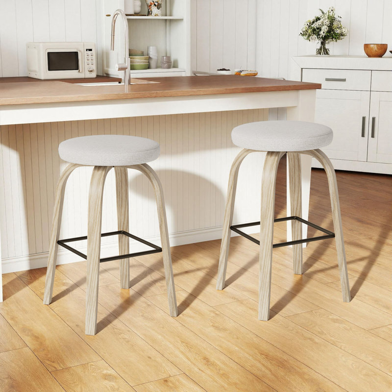 Swivel Upholstered Seat Solid Wood Counter Stool With Metal Footrest,Backless Counter Height Bar Stool (Set Of 2), Beige