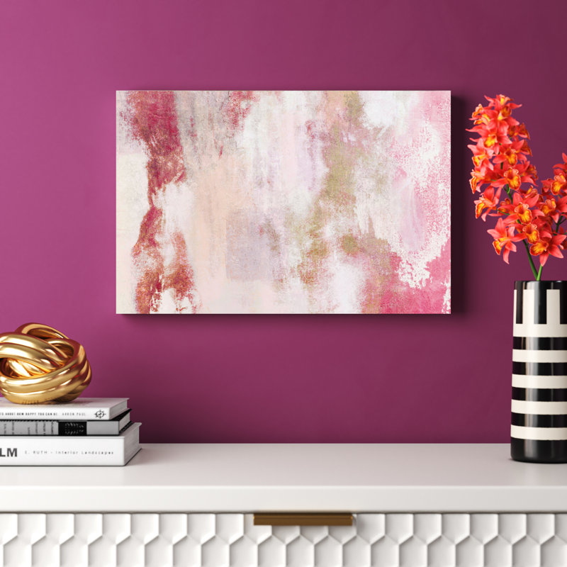 Rose et or abstrait - peinture sur toile tendue, H 12 po x l 18 po, Non, Toile avec cadre blanc