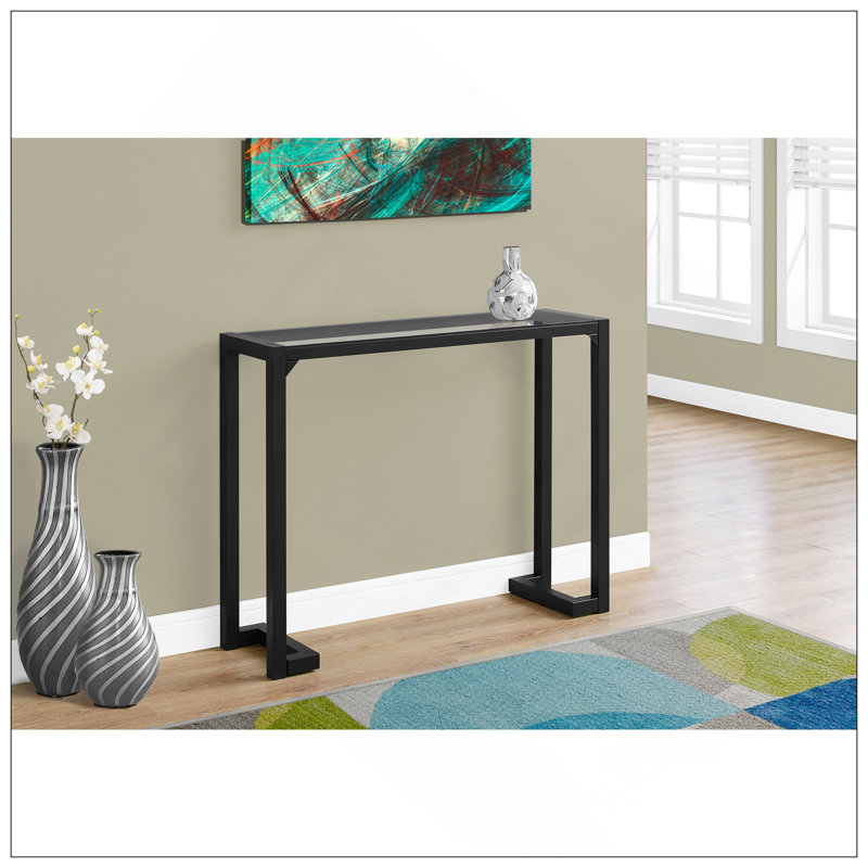 Table d'appoint, console, vestibule, étroit, canapé, salon, chambre à coucher, verre trempé transparent, métal noir, contemporain, moderne