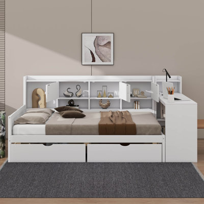 Wooden L-Shaped Daybed With Seven Storage Units And Two Drawers, Multi-Functional Bed With Integrated Study Desk