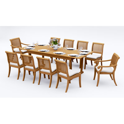 8 Seats 9 Pcs Grade-A Teak Wood Dining Set: 94" Mas Oval Trestle Leg Table And 8 Arbor Stacking Chairs (2 Arm & 6 Armless Chairs) #11AB2302
