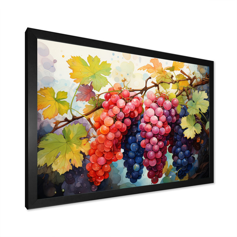 Rose, mauve, raisin, vignes, pointillisme - impression, H 34 po x l 44 po x P 1,5 po, Cadre simple noir