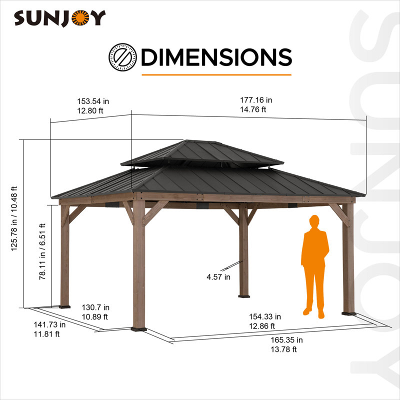  Sunjoy 13 x 15 ft. Wood Gazebo, Outdoor Patio Steel Hardtop Gazebo, Cedar Framed Wooden Gazebo with 2-Tier Metal Roof, Suitable for Patios, Lawn and Backyard
