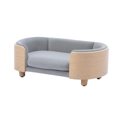 Small Dog Bed In Scandinavian Style, Featuring Solid Wood Frame, Bent Back, Removable & Washable Velvet Cushion, Breathable Velvet, Rebound Foam, - Scratch, Waterproof Stain , Simple Install, Grey