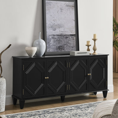 Buffet de 65,2 po de style Mid-Century noir, avec accents géométriques symétriques, tablette réglable, convient au décor avec rangement, de conception moderne, convient à différentes pièces, en bois massif