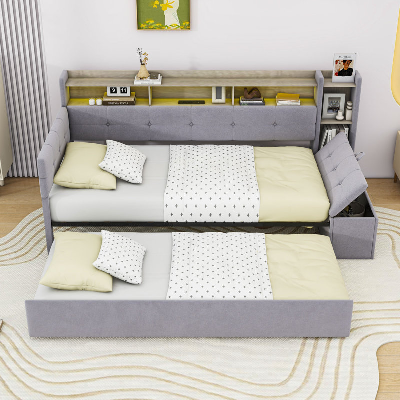 Upholstery Daybed with Storage Footstool, Trundle, Shelves, LED Strip and USB Ports, Gray, Twin