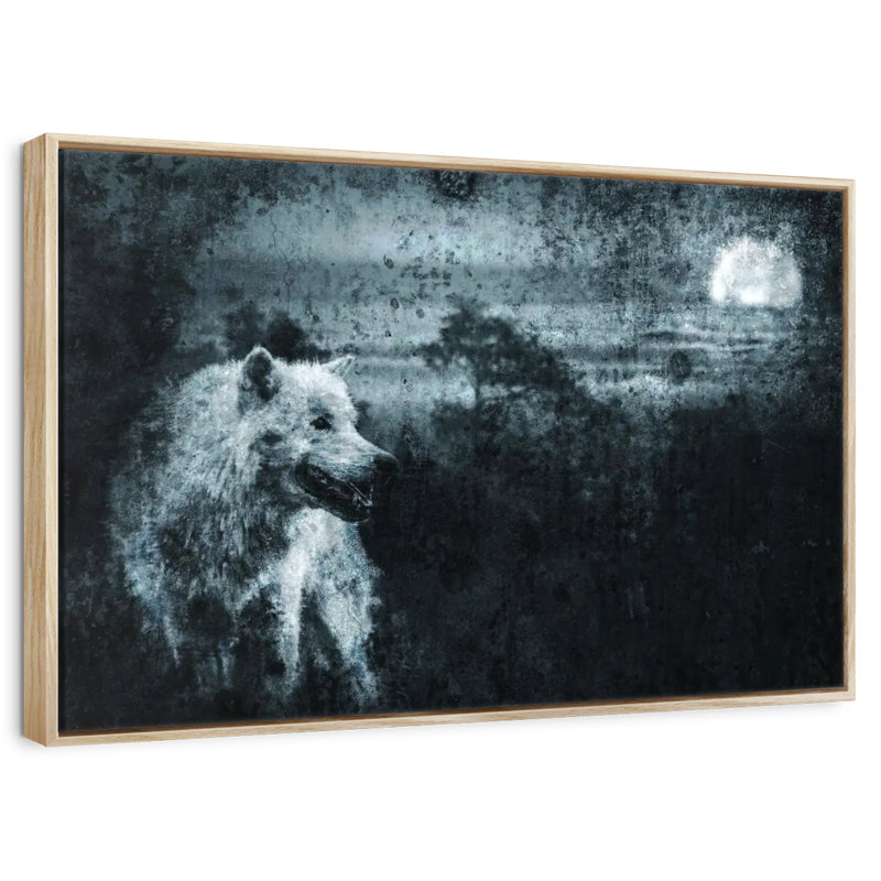 Loup solitaire blanc, Cadre flottant en bois naturel, 37 po x 25 po
