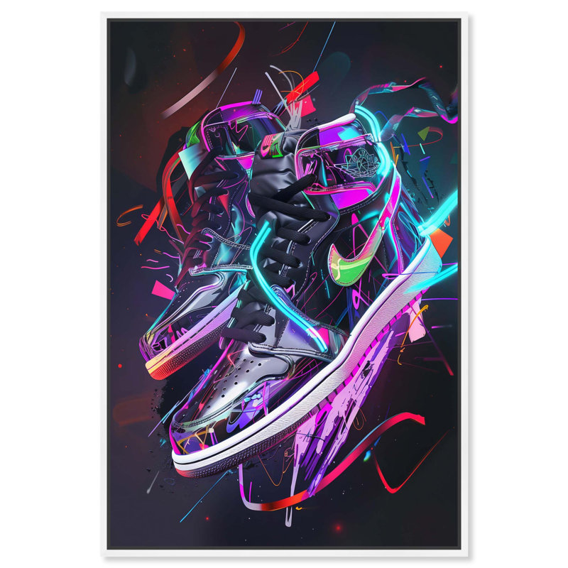 Décoration murale en toile Neon Ribbons Sneaker , Cadre flottant blanc, H 16 po x l 16 po