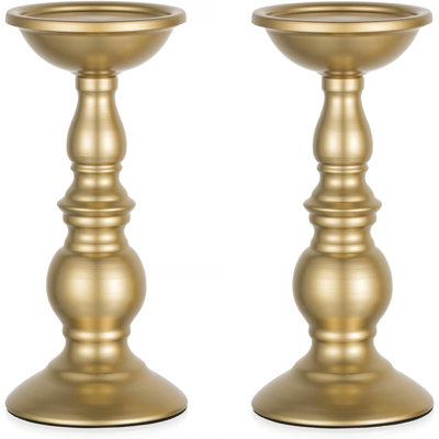 Set Of 2 Gold Candlestick Metal Pillar Candle Holders, Flameless Candlestick Holders Stand Centerpieces Decoration Ideal For Weddings, Special Events, Parties