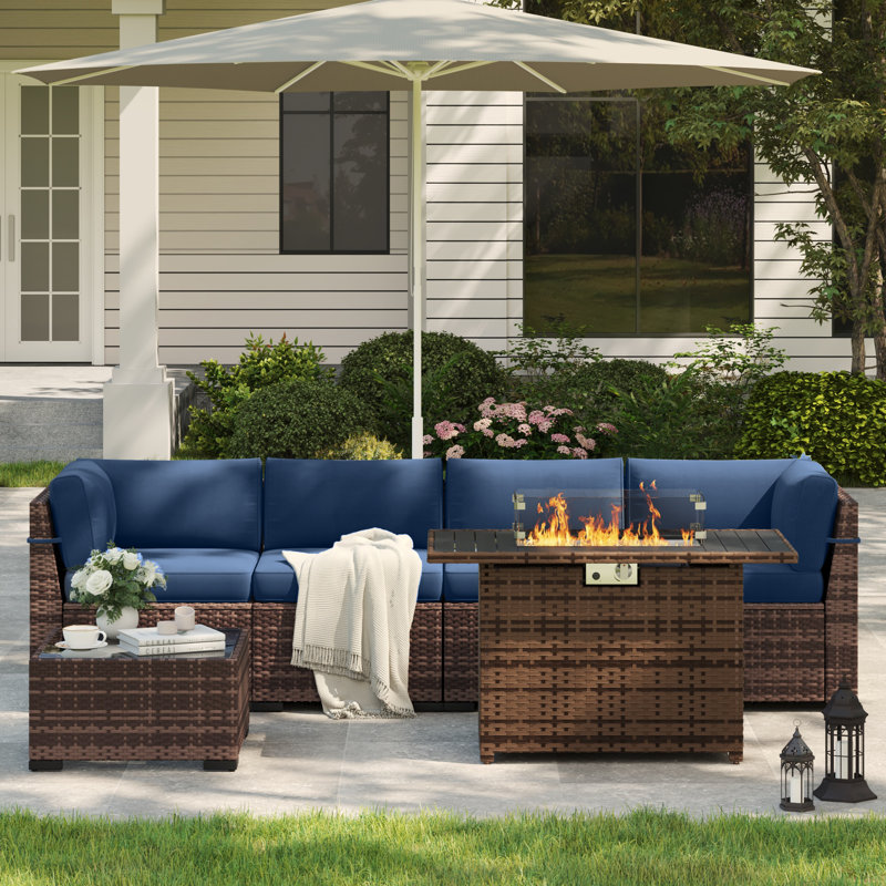 Dinyu Wicker - Person Modular Patio Conversation Set with Cushions, Navy Blue, 4