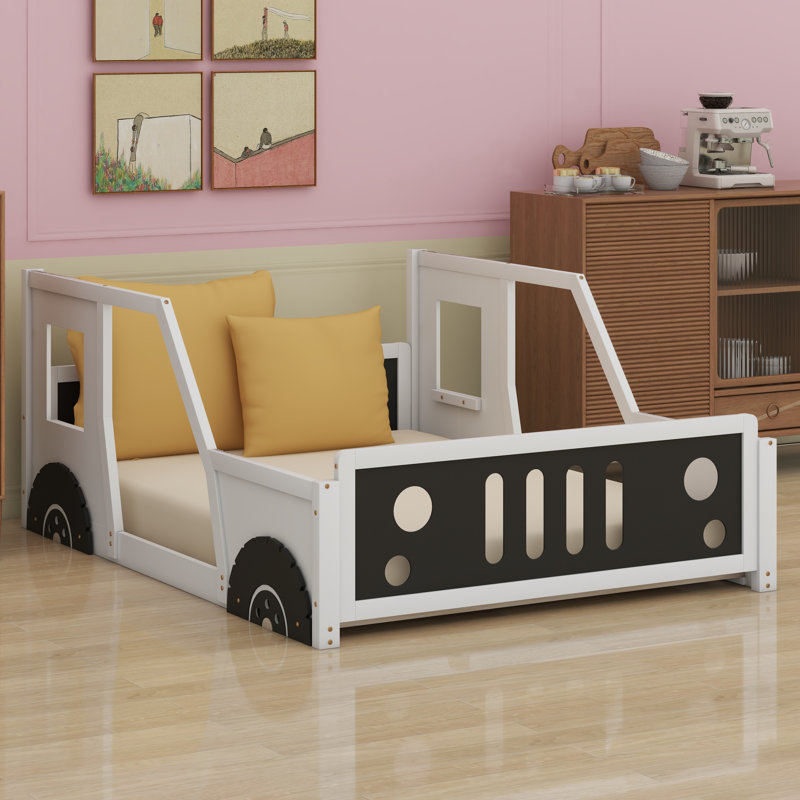 Lit plateforme classique avec roulettes en forme de voiture, Blanc
