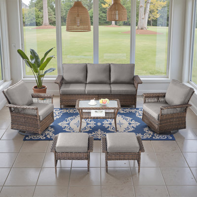 Anferney 6-Pieces Wicker Outdoor Patio Furniture Set With Gliding Chair, Side Table And Ottoman