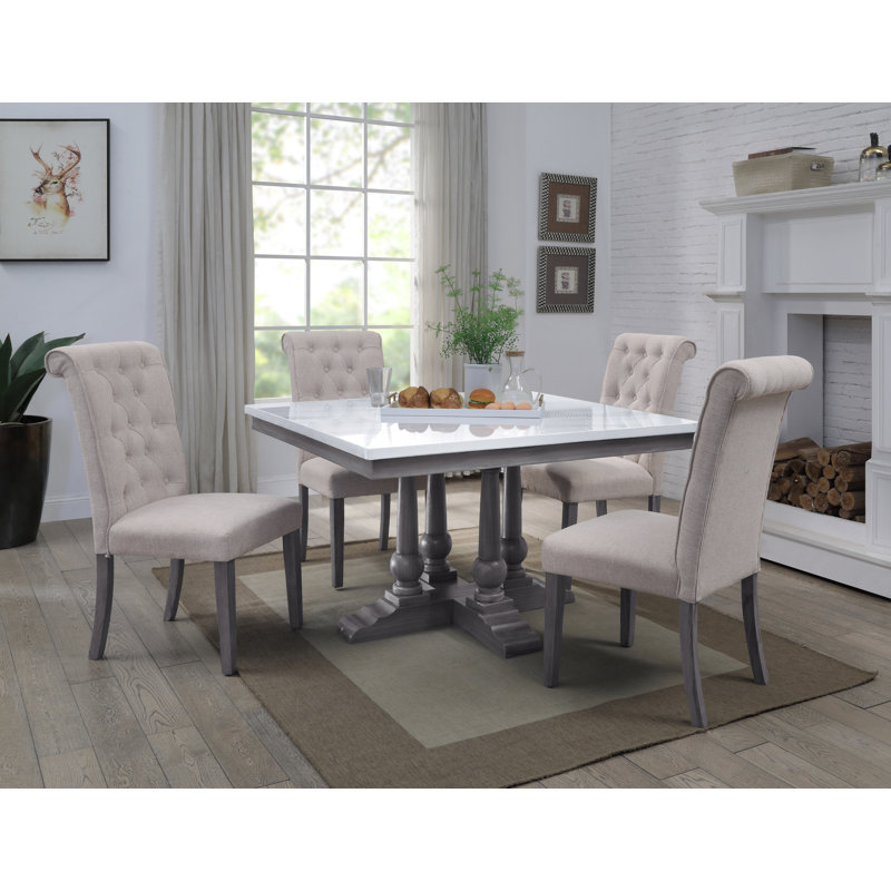 Transitional Gray Oak and White Marble Square Dining Table