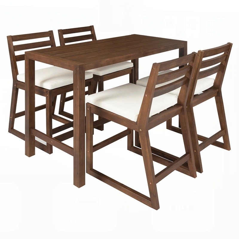 5-Piece Rustic Patio Bar Set with Ergonomic Chairs and Solid Wood Slatted Tabletop for Outdoor Use, Mocha