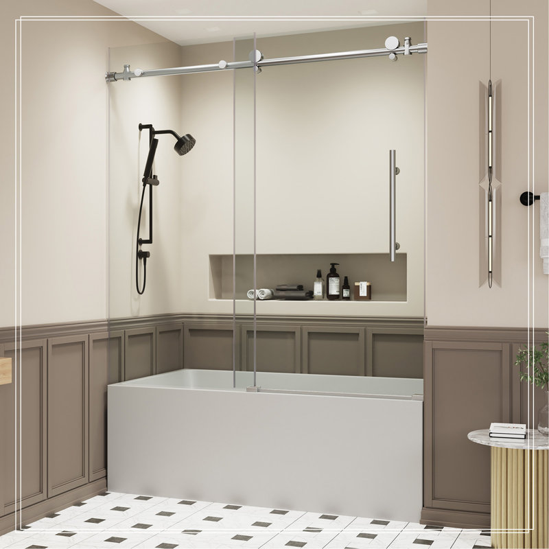 Porte de baignoire coulissante sans cadre 56-60 "x 60", porte de douche, verre trempé transparent de 5/16 "(8 mm)
