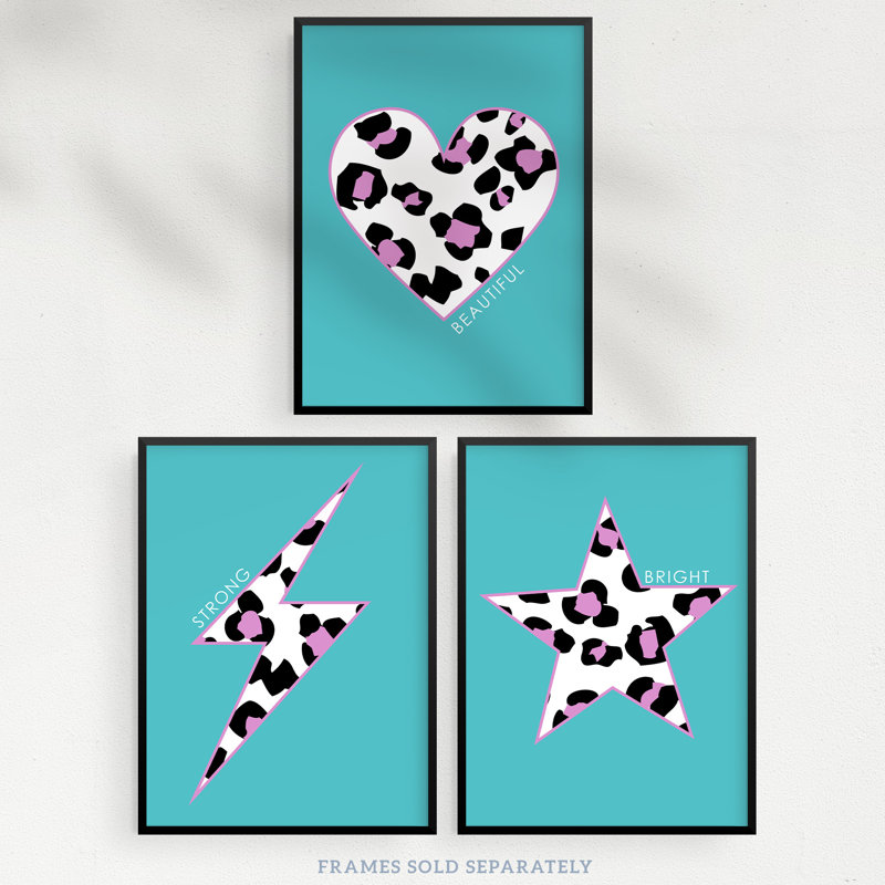 Leopard Pattern Heart Lightning Star Shape Red Motivational - 3 Piece No Frame Print Set, 29.7cm H x 21cm W x 0.4cm D