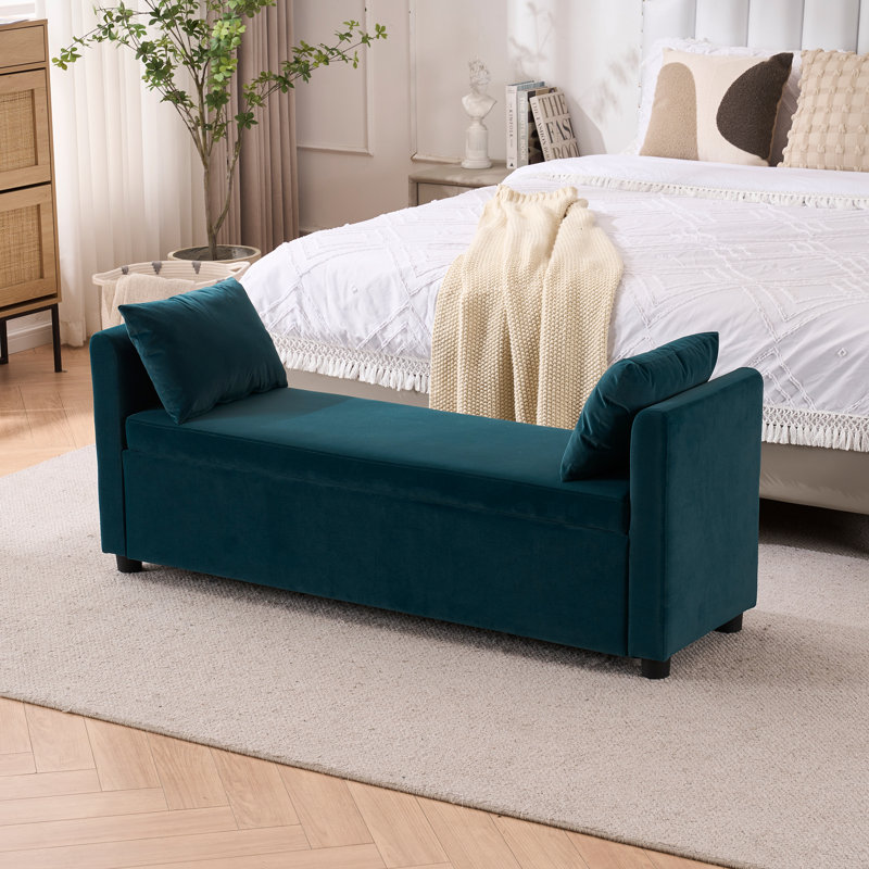 Banc rembourré avec rangement pour très grand lit Shaneta, Bleu sarcelle