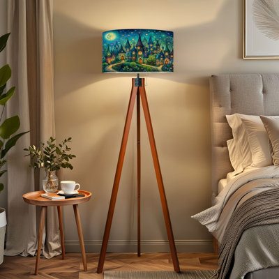  Tripod Standing Lamp Whimsical Fairy Tale Village Glowing Windows Under Sky Remote Controlled Dimmable LED Floor Lamp with Beech Wood Legs & Detachable Linen Shade for Farmhouse Apartment Living Room and Bedroom