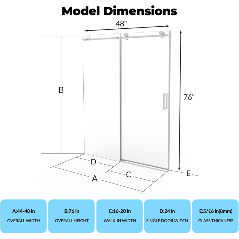 44-48" W x 76"H Frameless Sliding Shower Door – Waterproof Glass Shower Door-5/16 Tempered Clear Glass with Explosion-Proof Film, Brushed Nickel Handle & Seal Strip