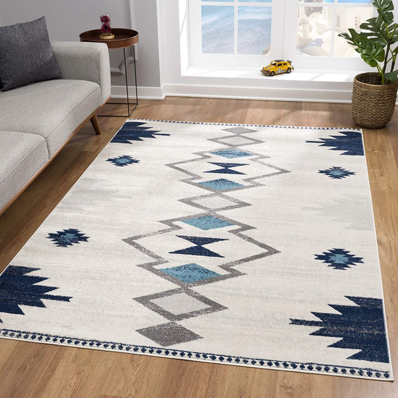 Tapis de couloir bleu et ivoire Strathearn Southwestern, Rectangle de 5 pi x 8 pi