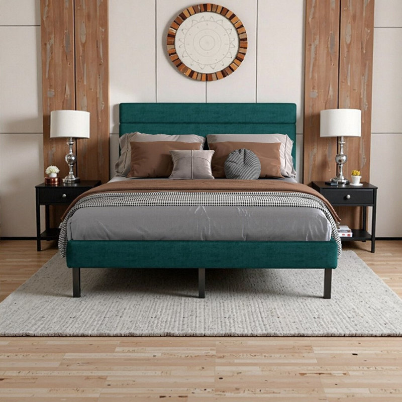 Structure de lit tapissier en velours pour grand lit avec tête de lit, rangement sous le lit de 14 po, aucun sommier tapissier requis - lit plateforme moderne en métal